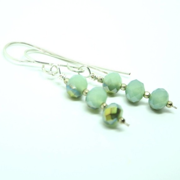 Handmade Sterling Silver Mint Green Faceted Dangle Earrings - Picture 11 of 13